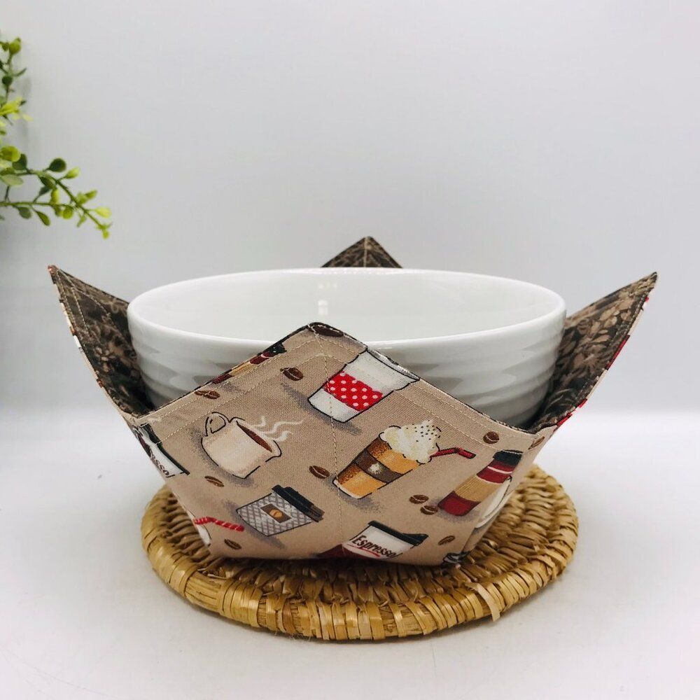 Set of 4, Microwave Soup Bowl Cozy, Coffee and Floral Print, Reversible